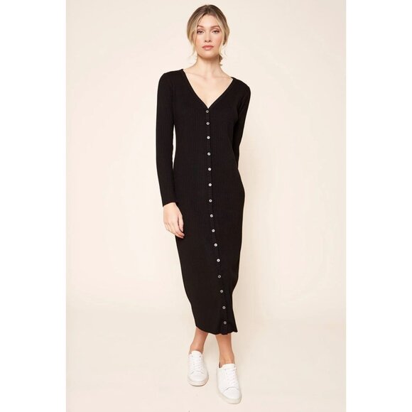 Sugar + Lips Black Ribbed Knit Button-Up Midi Cardigan Dress Size M - Picture 2 of 9